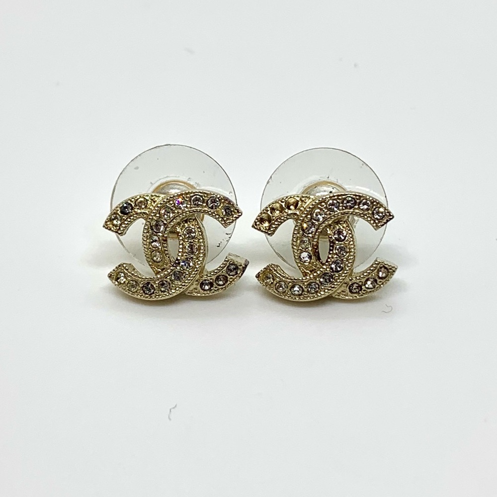 Gold Authentic Coco Chanel Studs Crystals